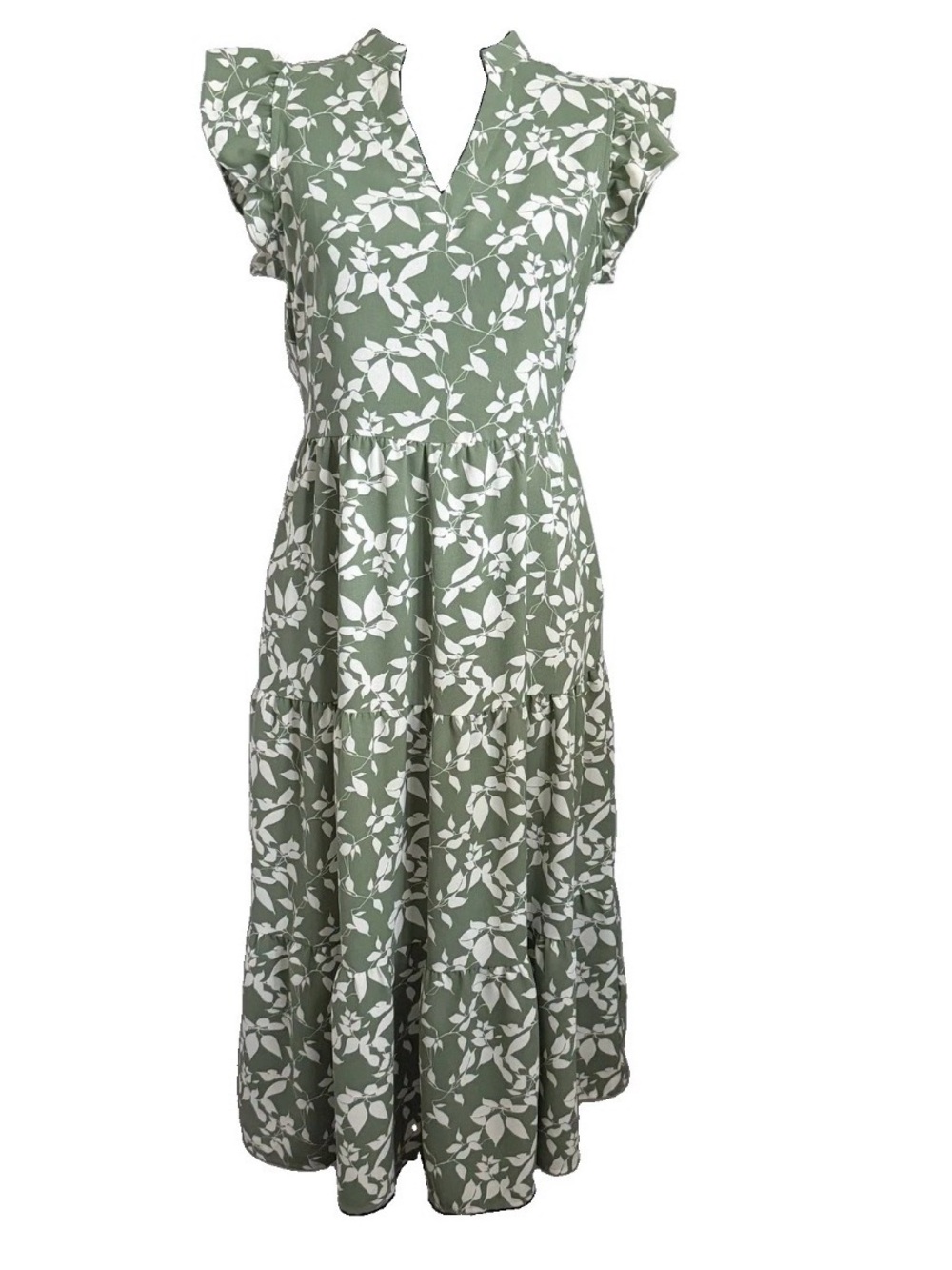 PrettyGarden Dress Womens S Green Floral V Neck Maxi Flutter Sleeve Pockets Boho - Picture 3 of 10